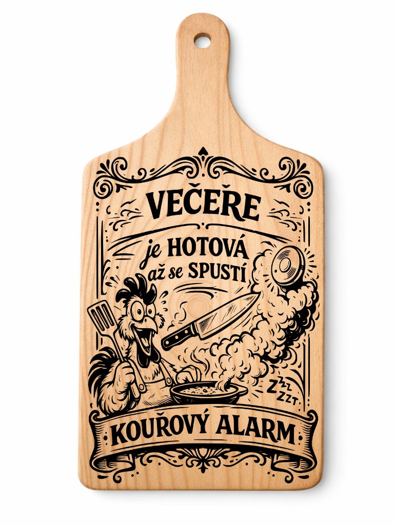 Dřevěné prkénko s vtipným gravírováním Vtipná Kuchyně: Vecere Alarm